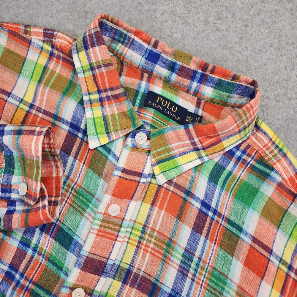 Polo Ralph Lauren Men 3XLT Linen Shirt Plaid Long Sleeve Button Madras Colorful